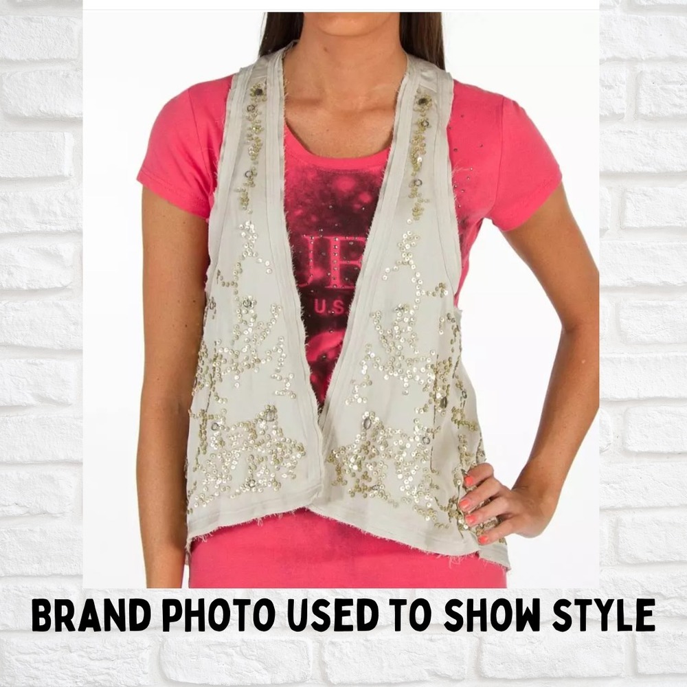 Guess Light Beige Cropped Vest, Distressed Sequin Bead Accent, Raw Edge, Medium